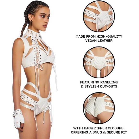 Women White Vegan Leather Dolls Kill Rude Awakening Lace-Up Shorts by Club - Picture 3 of 8